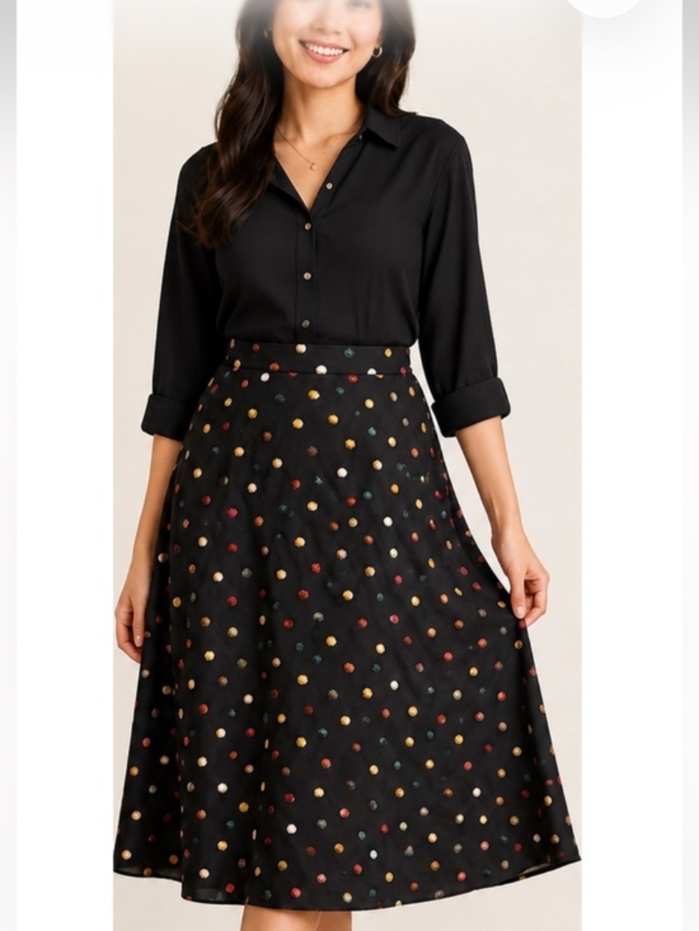 Sundance Black Skirt with Multicolor Polka Accents in size 12